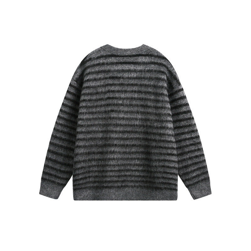 Unisex Oversize Gestreifter Flauschpullover mit Rundhalsausschnitt Echoarchiv