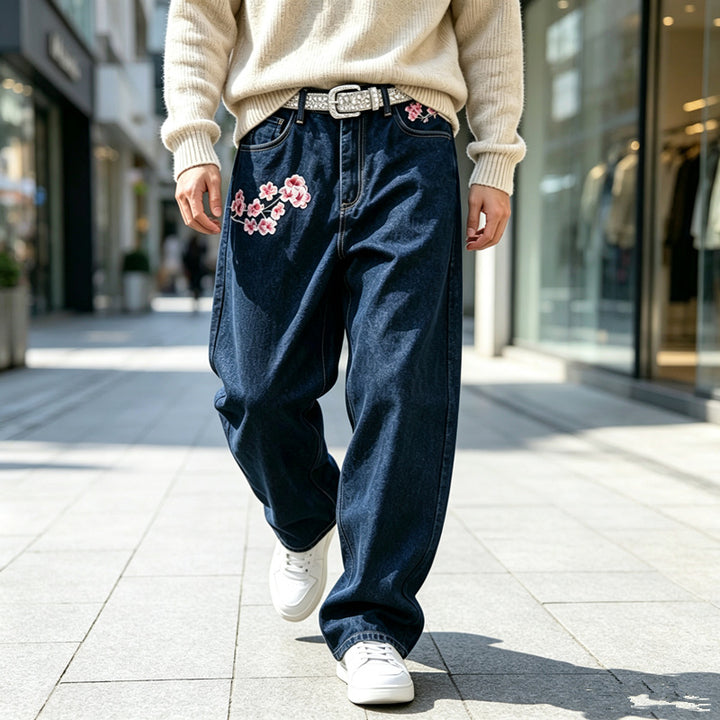 Herren Modische Weit geschnittene Denim-Hose mit Blumenstickerei Echoarchiv