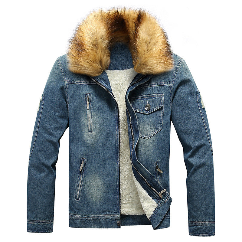 Herren Denim-Thermojacke mit Fleece-Innenfutter und abnehmbarem Kunstfellkragen – Denvaro