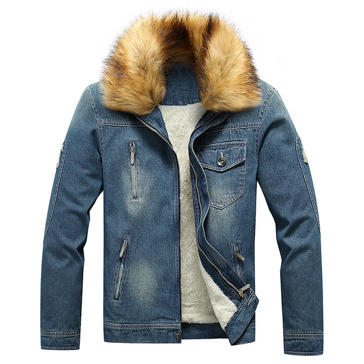 Herren Denim-Thermojacke mit Fleece-Innenfutter und abnehmbarem Kunstfellkragen – Denvaro
