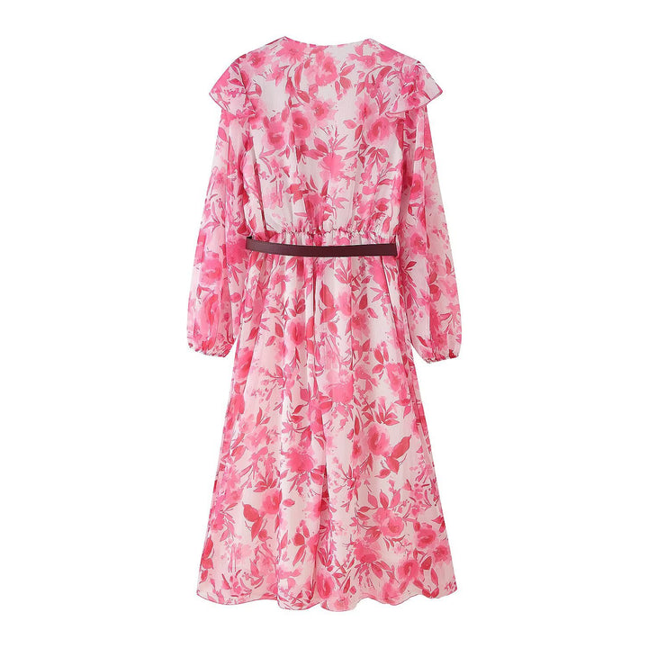 Damen nan fließendes Chiffon-Midikleid mit tiefem V-Ausschnitt, volants und tailliertem Gürtel Echo Archiv