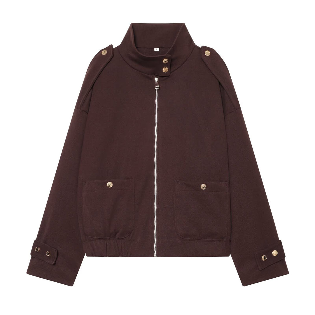 Damen Cropped Utility-Jacke mit hochgeschlossenem Kragen, Schulterklappen und aufgesetzten Pattentaschen Echoarchiv