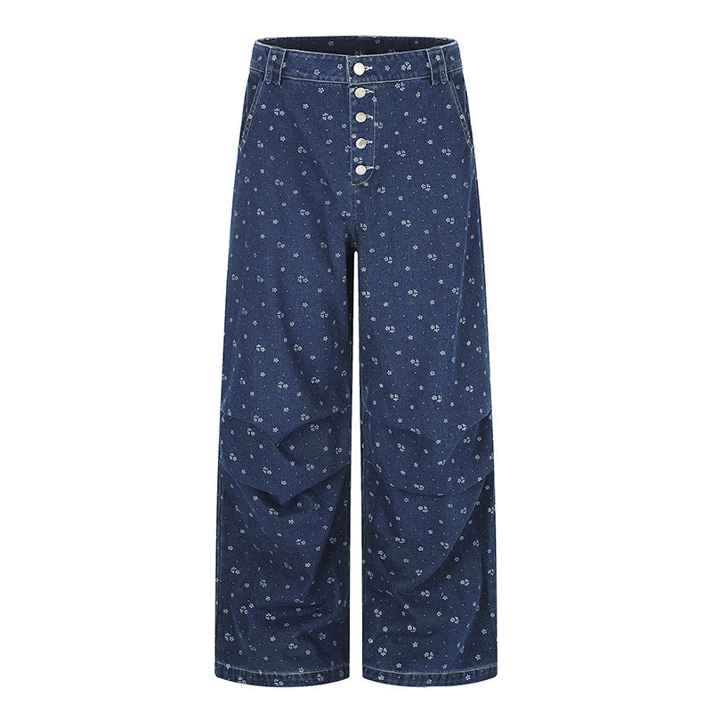 Damen High‑Waist Culotte-Jeans im Palazzoschnitt mit sichtbarer Knopfleiste und feinem Blumenprint Echoarchiv