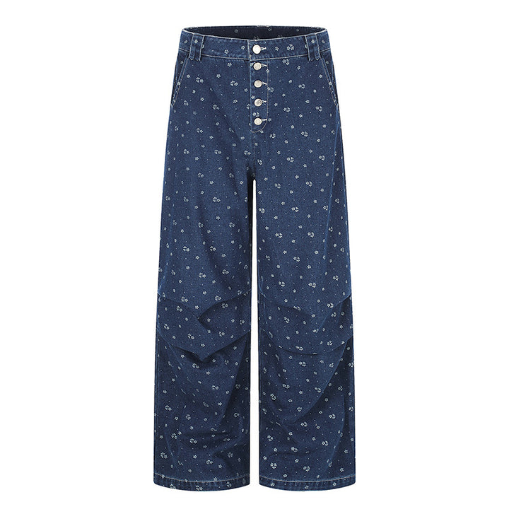 Damen High‑Waist Culotte-Jeans im Palazzoschnitt mit sichtbarer Knopfleiste und feinem Blumenprint Echoarchiv