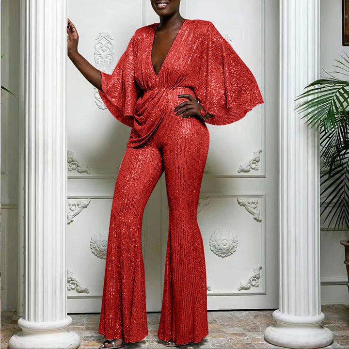 Damen Glamouröser Jumpsuit mit funkelnden Pailletten und weitem Bein Echoarchiv