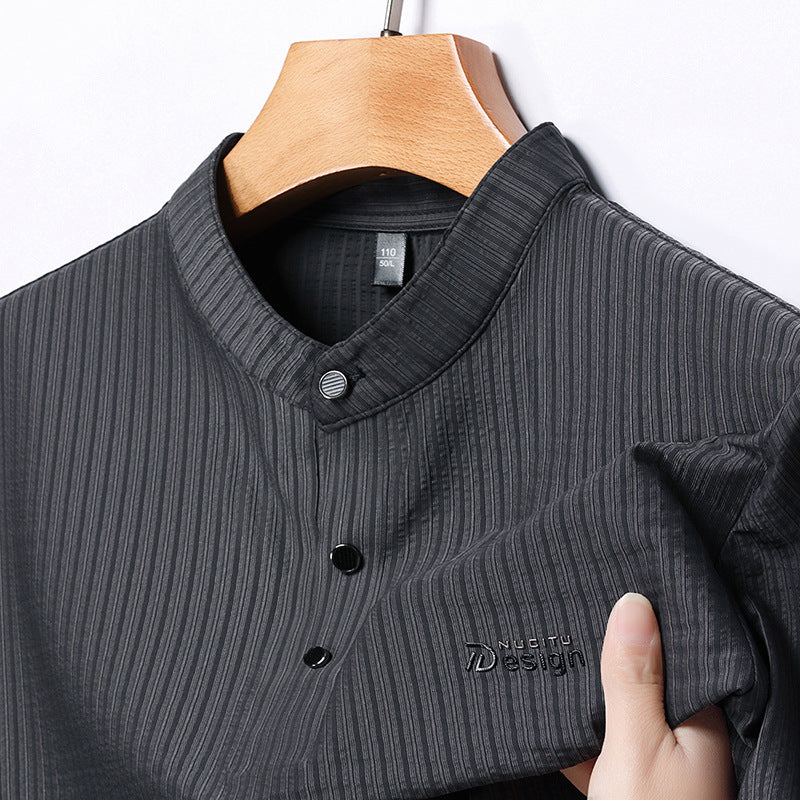 Herren lässige Langarmbluse mit strukturiertem Design und modernem Stehkragen Echoarchiv