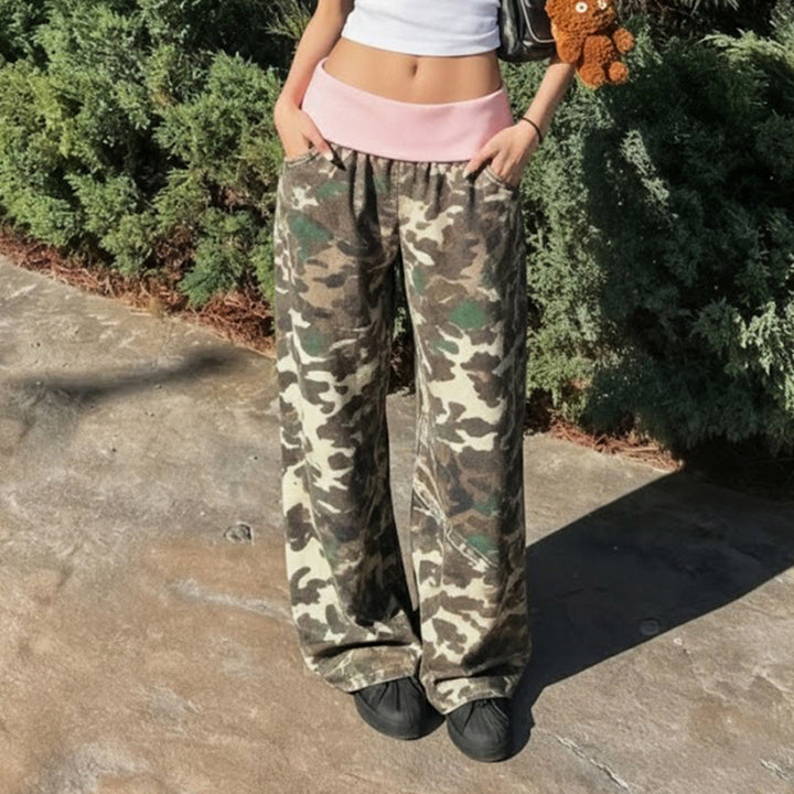 Damen nan weite Lounge-Hose mit Umschlagbund, Camouflage‑Muster und elastischem Komfortstretch Echo Archiv