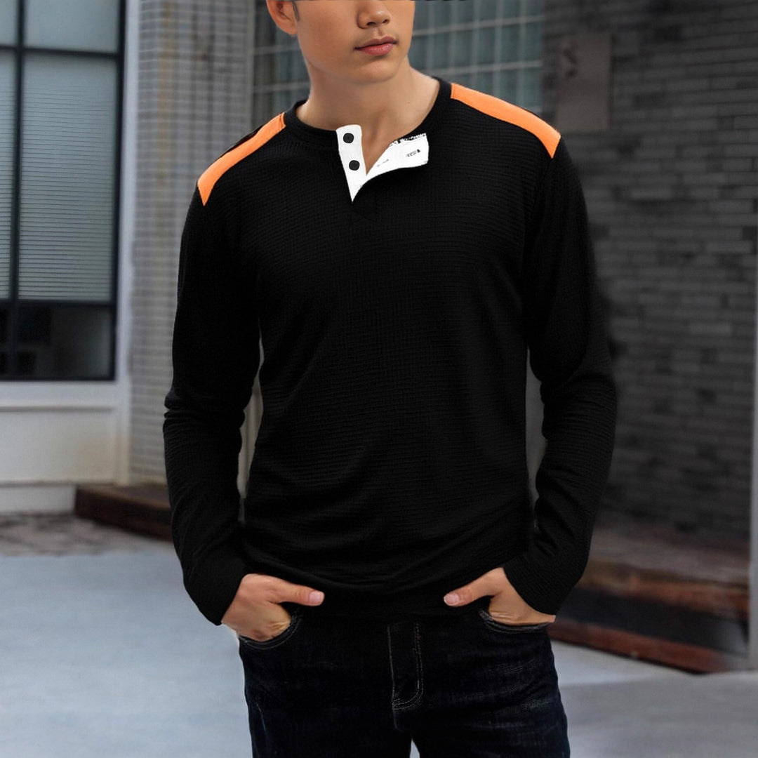Herren strukturiertes Henley-Langarmshirt mit Stehkragen, Schulterpaspel und Waffelstruktur – Arvello
