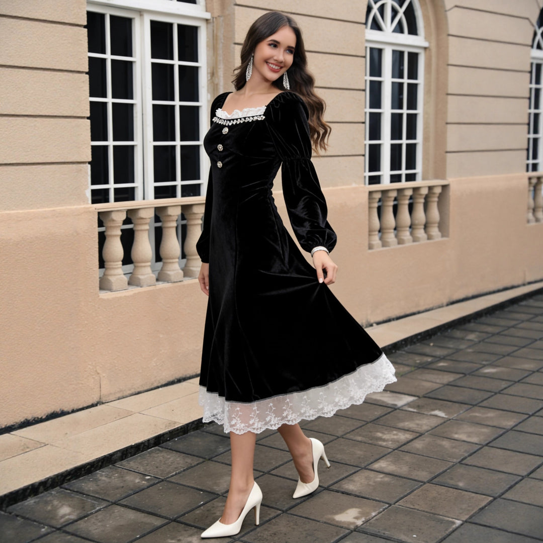 Damen Samt‑Midikleid mit quadratischem Ausschnitt, Puffärmeln und Spitzenuntertritt Echoarchiv
