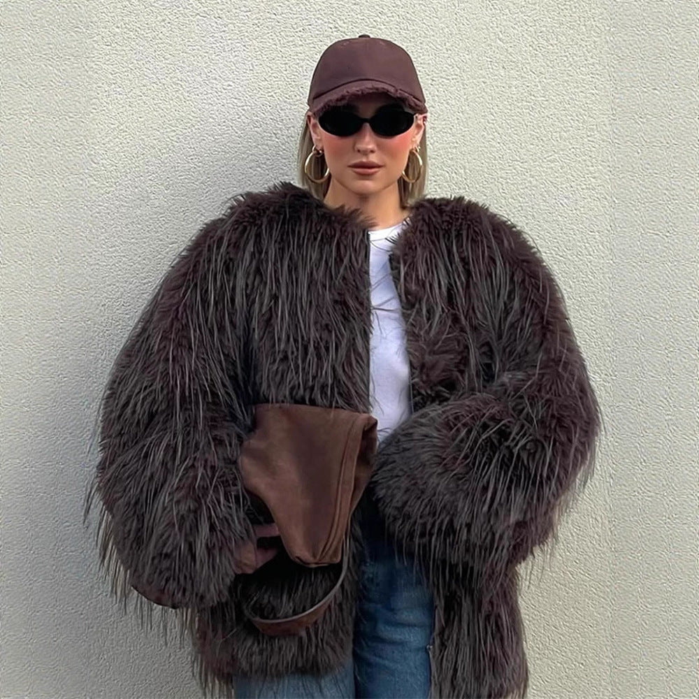Damen Oversize Kunstpelz‑Mantel mit langfloriger Shag‑Optik und kastiger Silhouette Echoarchiv
