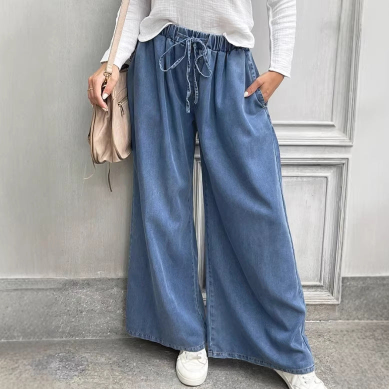 Damen Relaxte Palazzohose aus Denim mit Tunnelzugbund, Eingrifftaschen und extra weitem Bein Echo Archiv