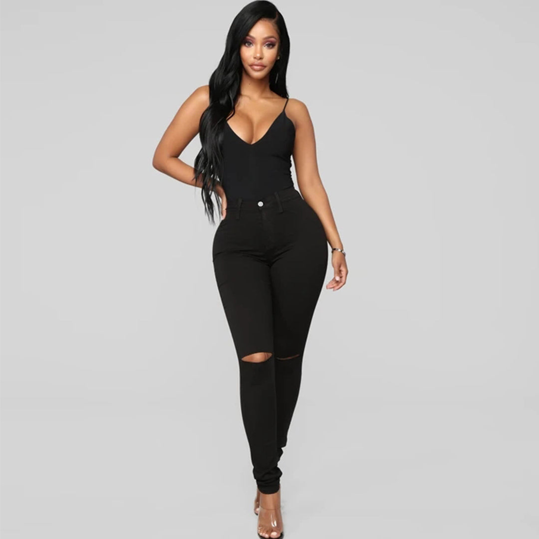 Damen High-Waist Skinny-Jeans mit Knie-Rissen und figurformendem Schnitt Echo Archiv