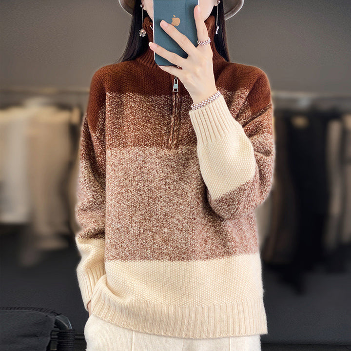 Damen Oversize-Strickpullover mit halbem Zip, meliertem Blockstreifen und weichem Flor Echoarchiv