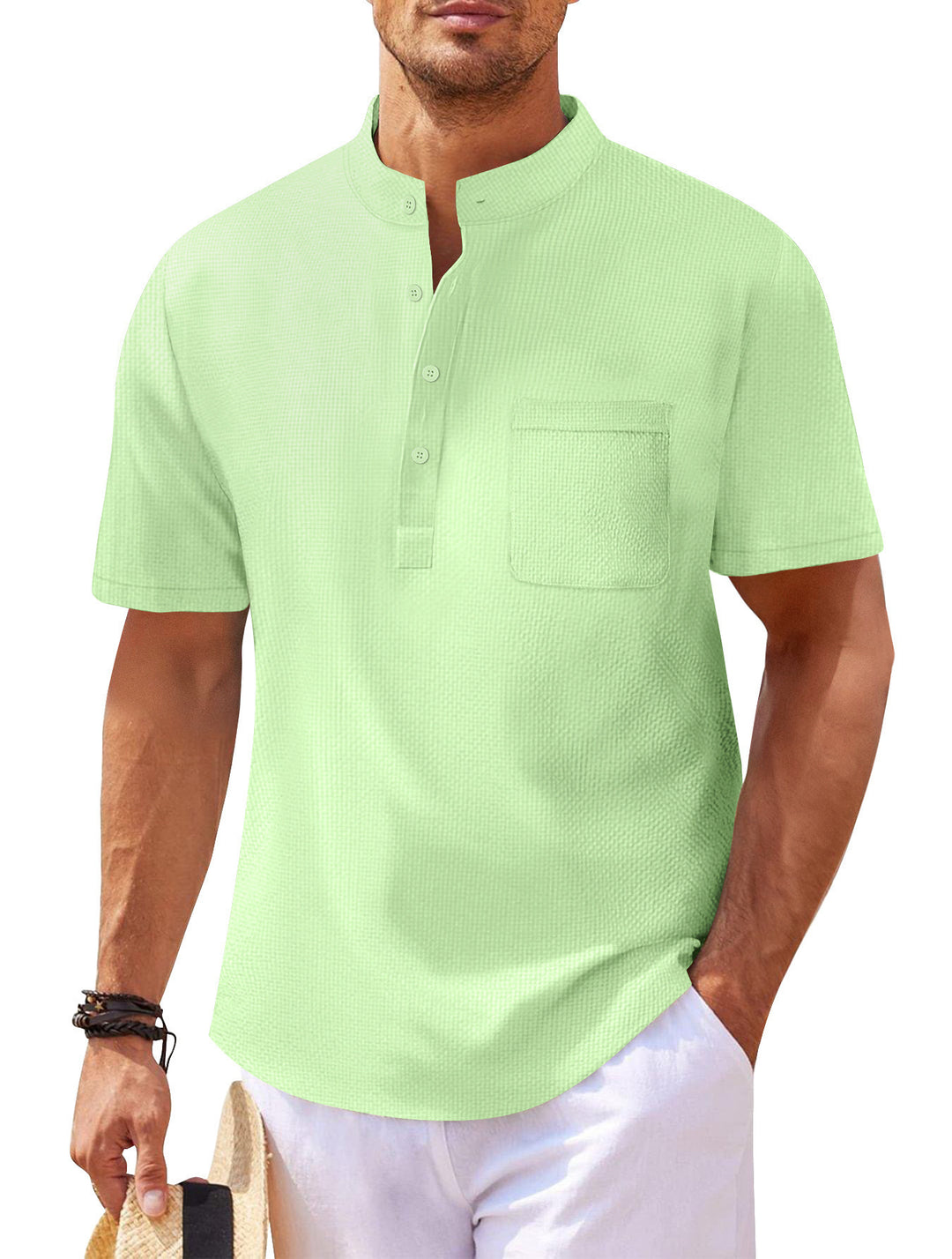 Herren Kurzarm-Henley-Shirt mit strukturiertem Design und praktischer Brusttasche Echoarchiv
