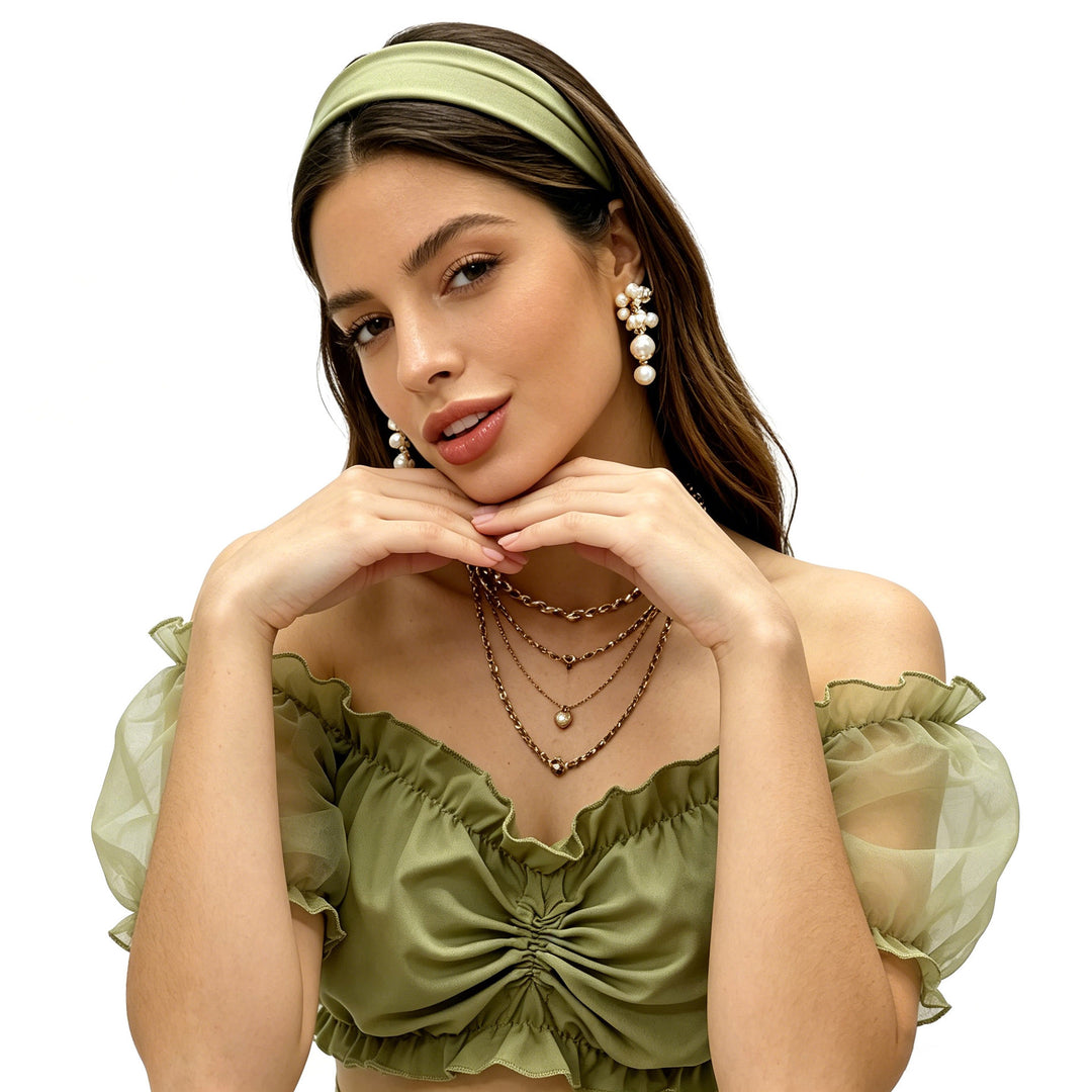 Damen nan gerafftes Crop Top mit Carmenausschnitt und transparenten Organzaärmeln Echo Archiv