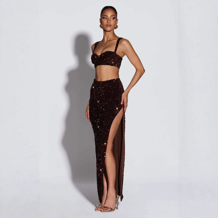 Damen Glitzerndes Abendkleid mit tiefem Schlitz und raffinierten Trägern Echo Archiv