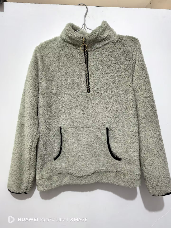 Damen nan kuscheliger Teddy-Fleece Pullover mit halbem Reißverschluss und Kängurutasche Echo Archiv