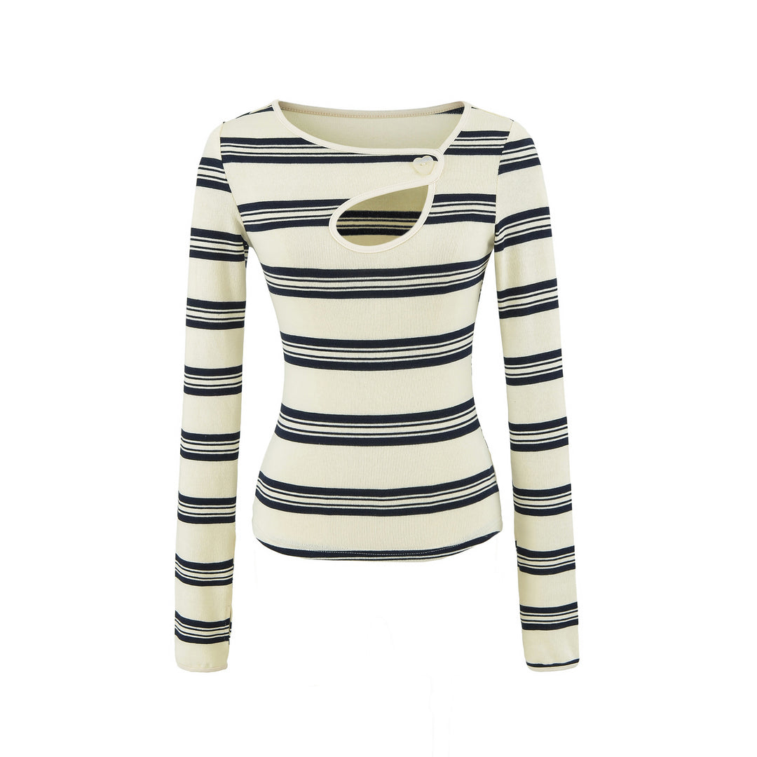 Damen Gestreiftes Feinstrick-Top mit asymmetrischem Herzknopf Echoarchiv
