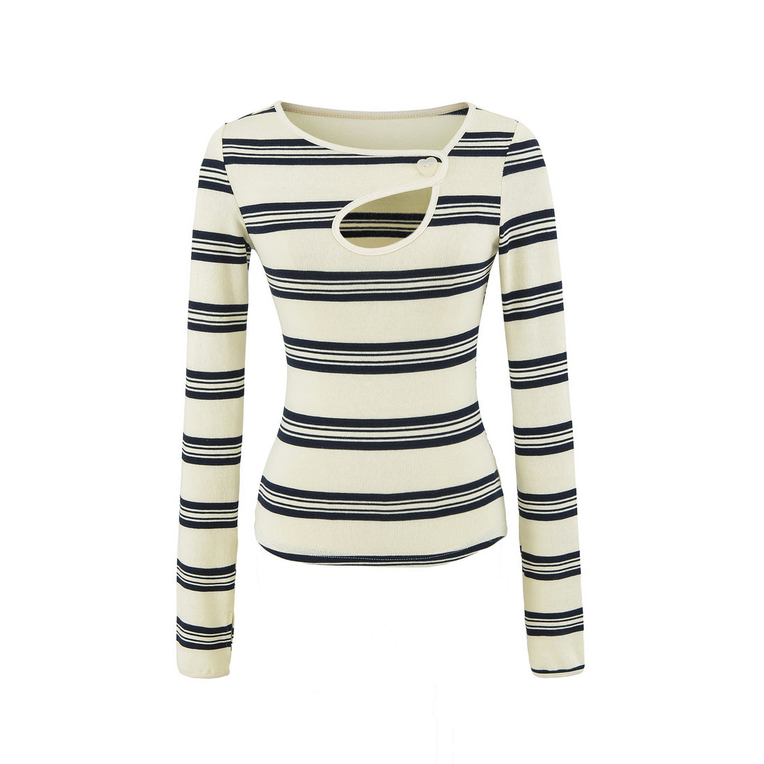 Damen Gestreiftes Feinstrick-Top mit asymmetrischem Herzknopf Echoarchiv