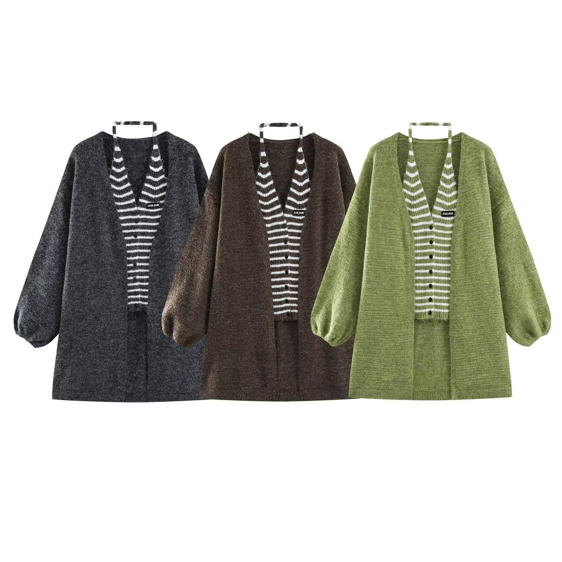 Damen Oversize Strickcardigan mit Ballonärmeln und gestreifter Einfass-Knopfleiste Echoarchiv