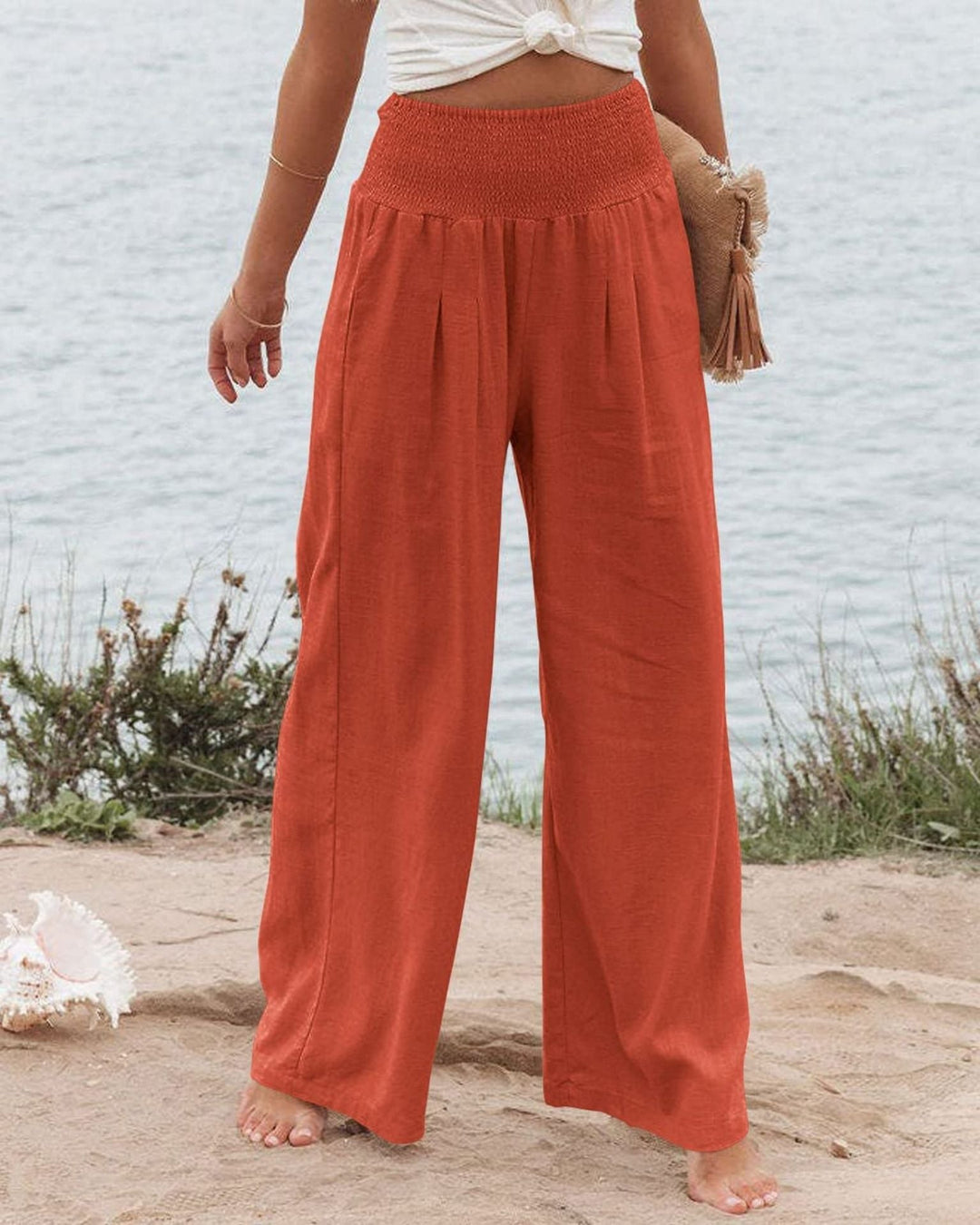 Damen Weite Leinenhose mit Elastischem Bund und Falten Echoarchiv