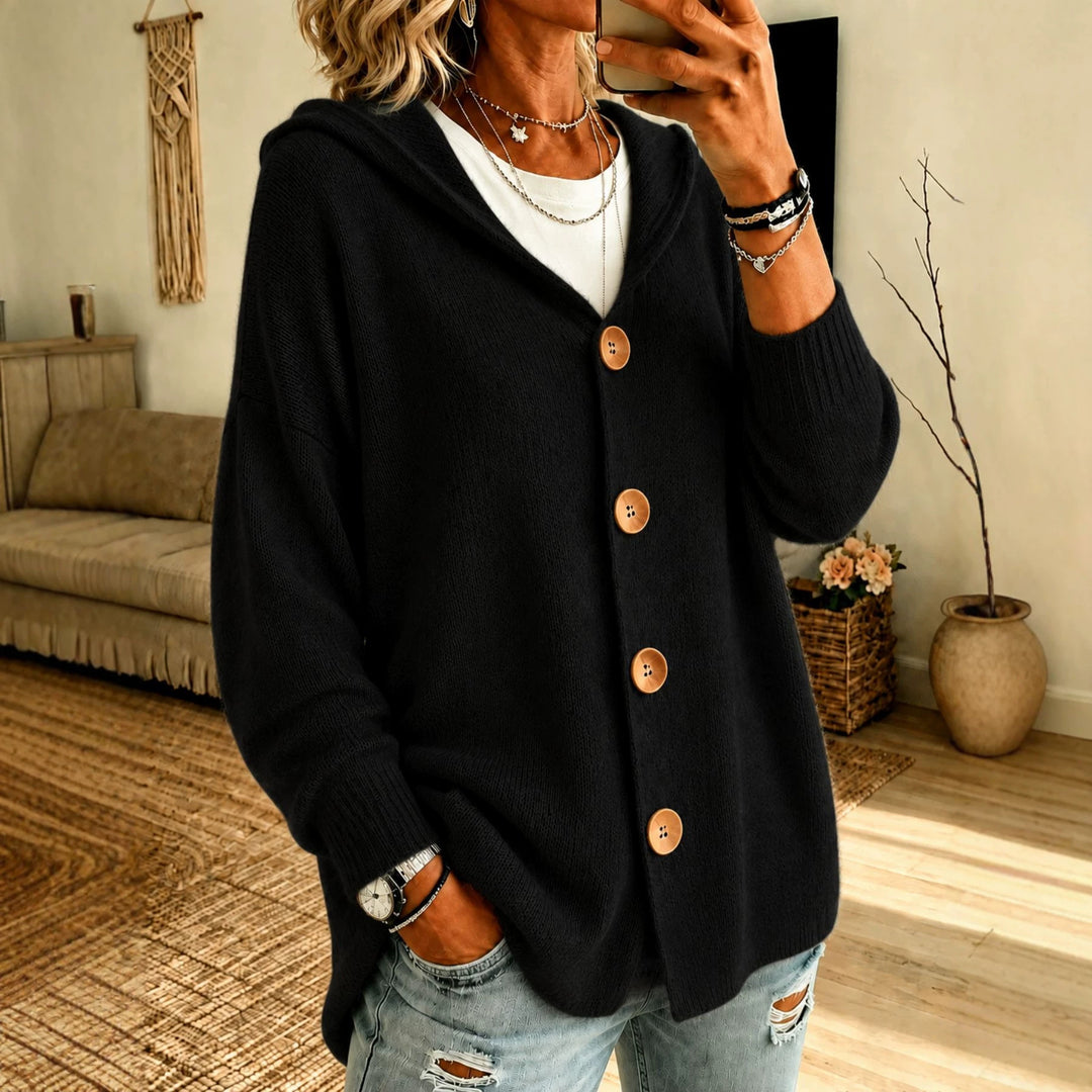 Damen Kapuzen-Cardigan Oversize mit Holzknöpfen und Rippbündchen – Veloura