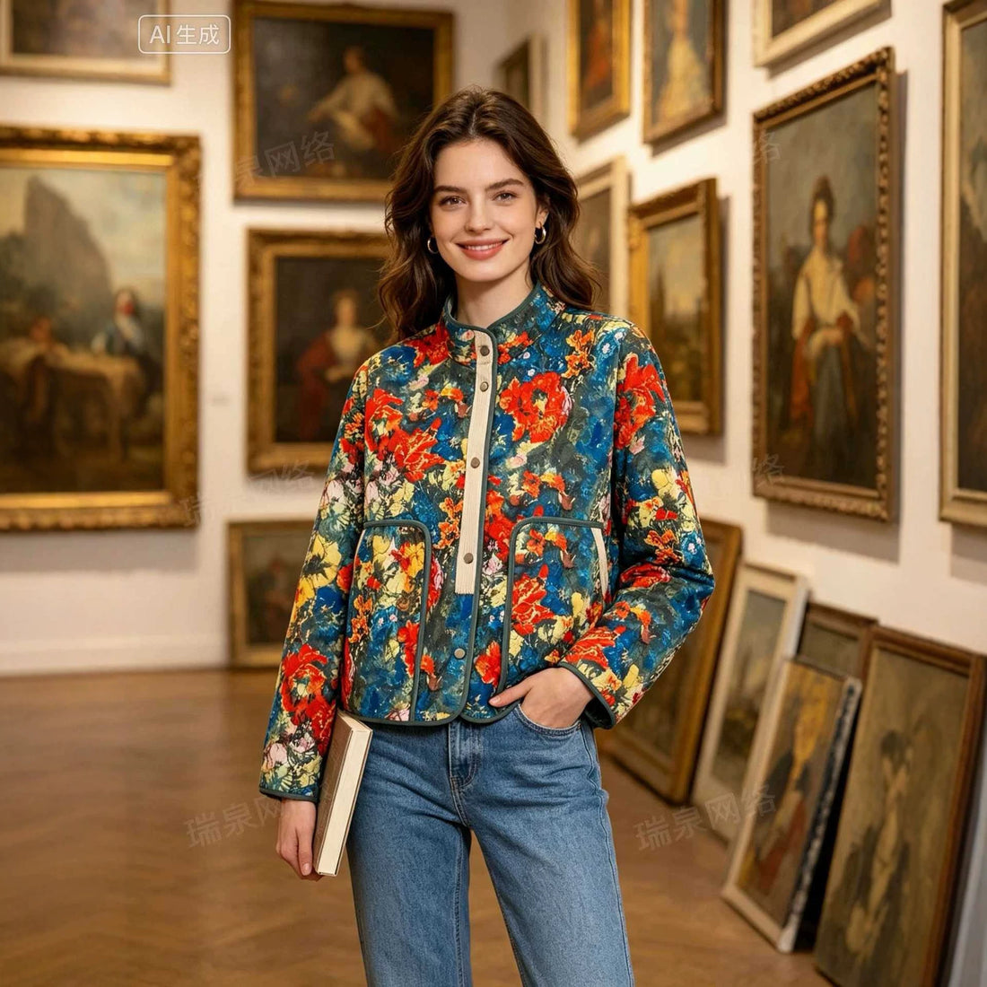 Damen Gepolsterte Steppjacke mit floralem Print, Stehkragen und Pattentaschen Echoarchiv