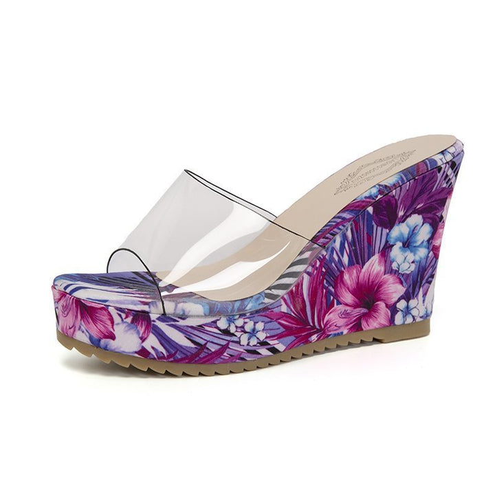 Damen nan PVC-Riemen Keilpantoletten mit floral bedruckter Keilsohle und ergonomischem Komfortfußbett Echo Archiv