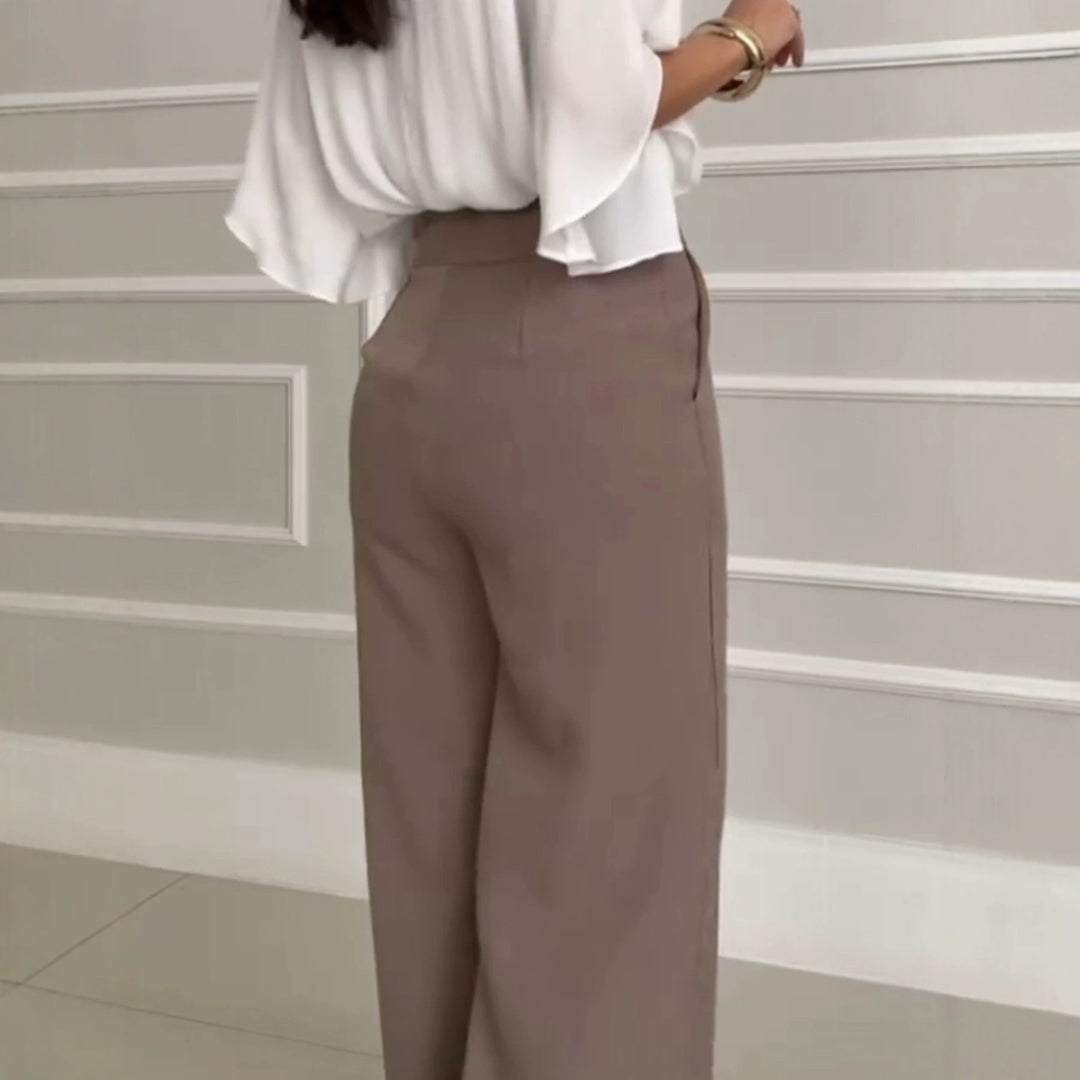 Damen Hochtaillierte Palazzo-Hose mit Bügelfalte, geradem Bein und Eingrifftaschen – Avérine