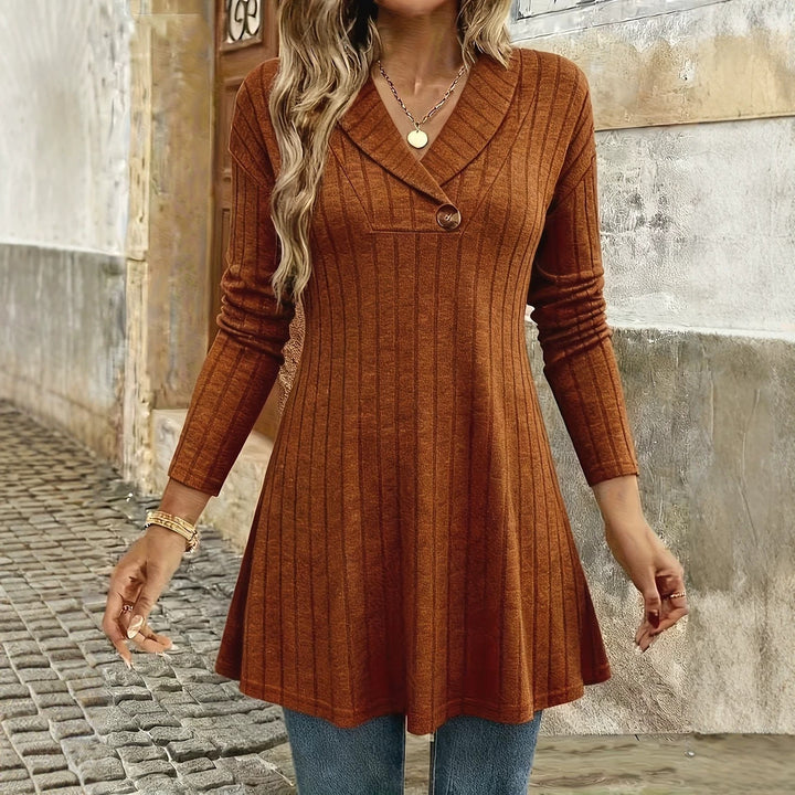 Damen Gestricktes A‑Linien‑Tunika‑Kleid mit Schalkragen und Zierknopf Echo Archiv