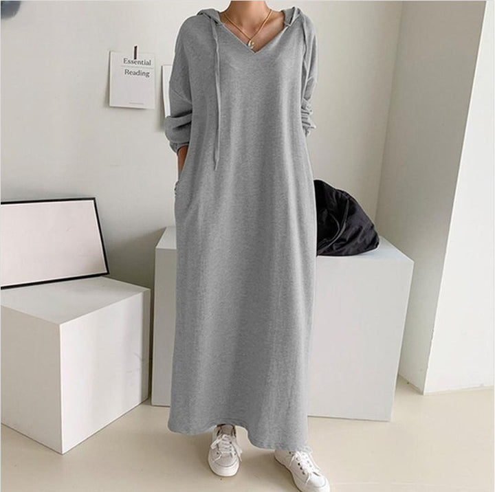 Damen nan lässiges Kapuzen-Maxikleid mit V-Ausschnitt, langen Ärmeln, lockerem geradem Schnitt und elastischen Bündchen Echo Archiv