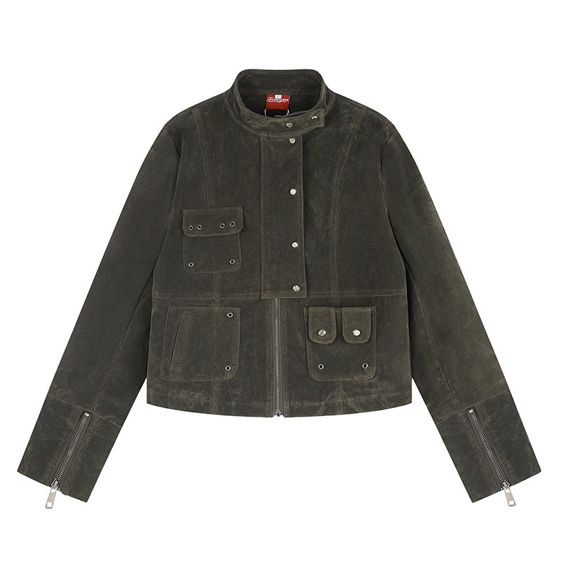 Damen kurze Wildleder-Utilityjacke mit Stehkragen, Mehrfachtaschen und Reißverschluss Echoarchiv