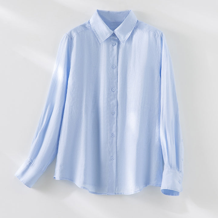 Damen Locker fallende Leinenmix-Bluse mit Hemdkragen und Manschetten Echoarchiv