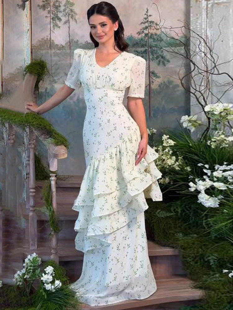 Damen Maxikleid im Vintage‑Romantik‑Stil mit asymmetrischen Volants und Puffärmeln Echoarchiv