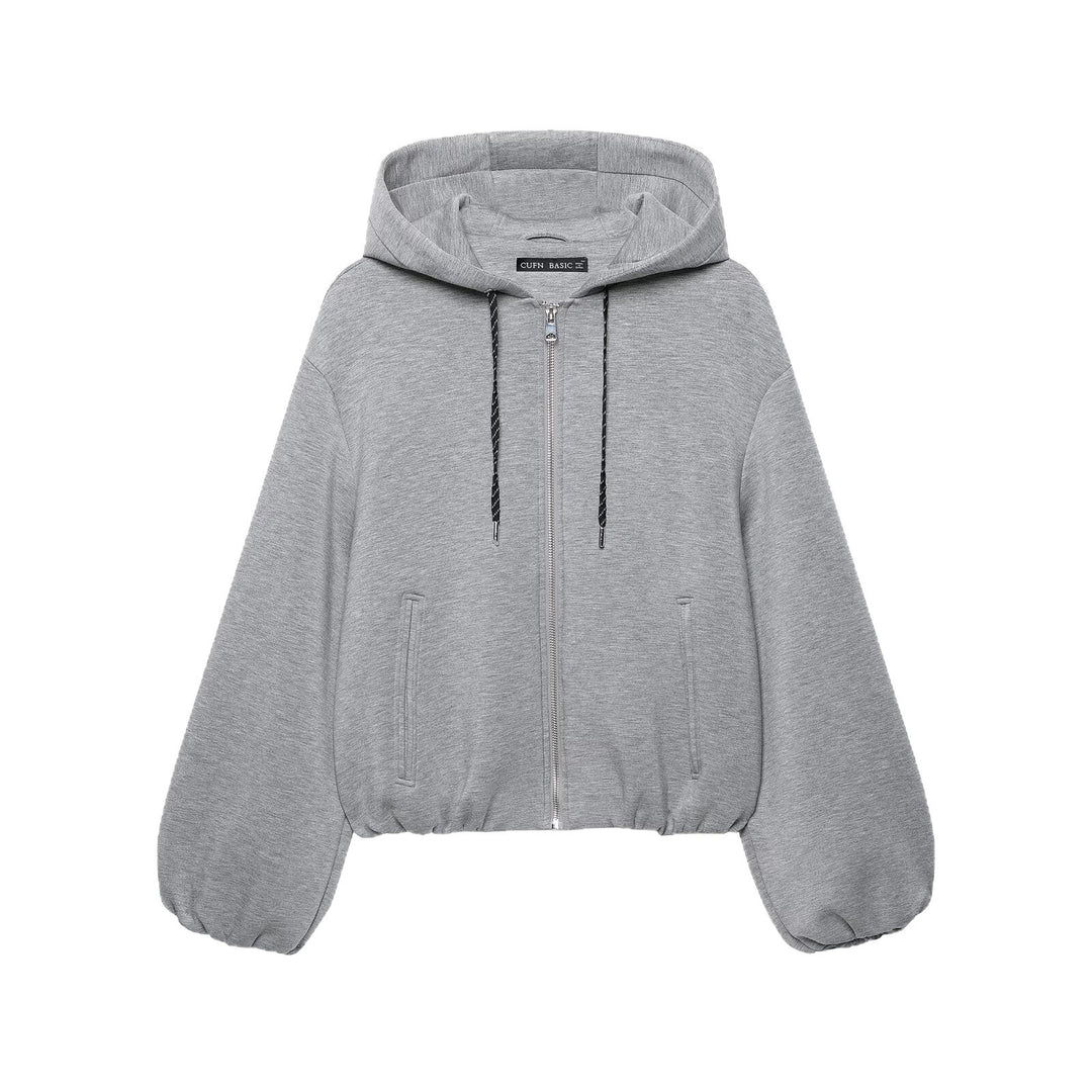 Damen Cropped Kapuzen-Sweatjacke mit Ballonärmeln und Tunnelzug Echoarchiv