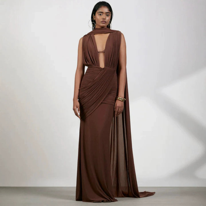 Damen bodenlanges Wickelkleid mit raffinierten Drapierungsdetails und elegantem V-Ausschnitt Echo Archiv