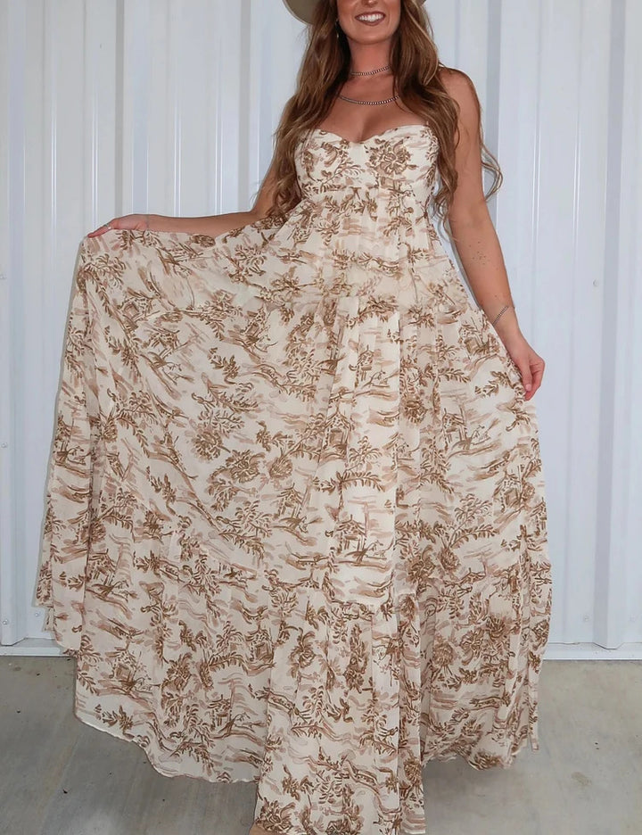 Damen nan trägerloses Korsagen-Maxikleid mit Herzausschnitt, gestuftem Volantrock und nostalgischem Toilemotiv Echo Archiv