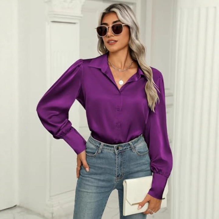 Damen Seidenoptik-Bluse mit Hemdkragen, verdeckter Knopfleiste und langen Manschetten – Élovi
