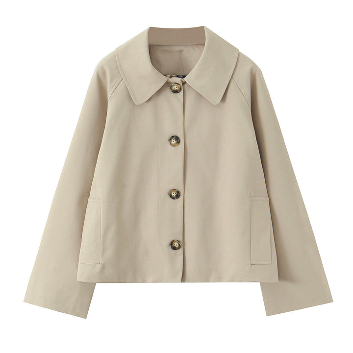 Damen Kurz geschnittene Boxy-Jacke mit weitem Hemdkragen und durchgehender Knopfleiste Echoarchiv