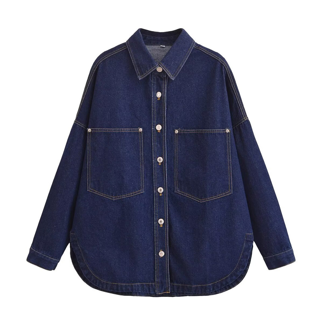 Damen Oversize Jeanshemd‑Jacke mit aufgesetzten Taschen und abgerundetem Saum Echo Archiv