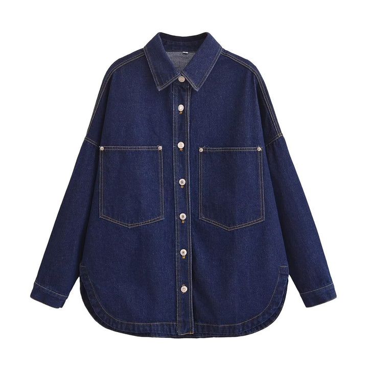 Damen Oversize Jeanshemd‑Jacke mit aufgesetzten Taschen und abgerundetem Saum Echo Archiv
