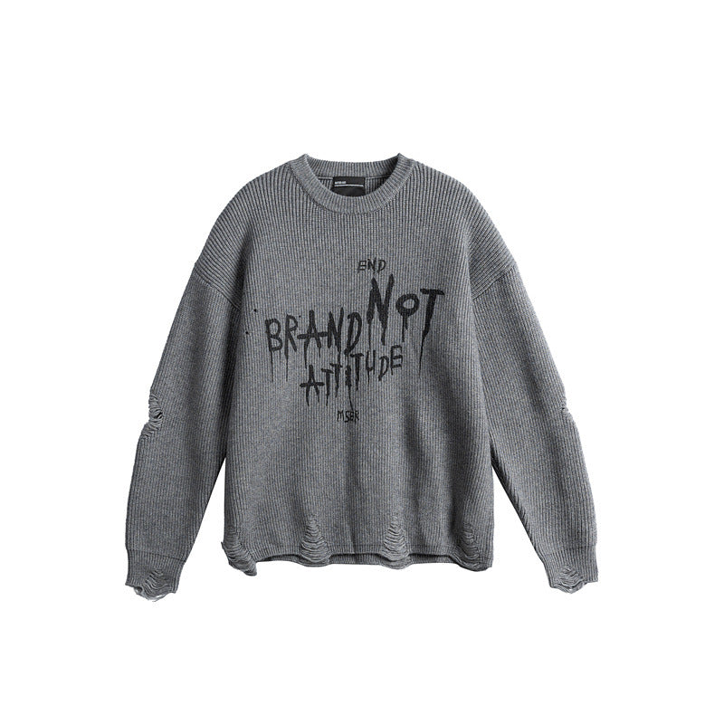 Unisex Oversize Strickpullover mit Destroyed Details und Statement Print Echoarchiv