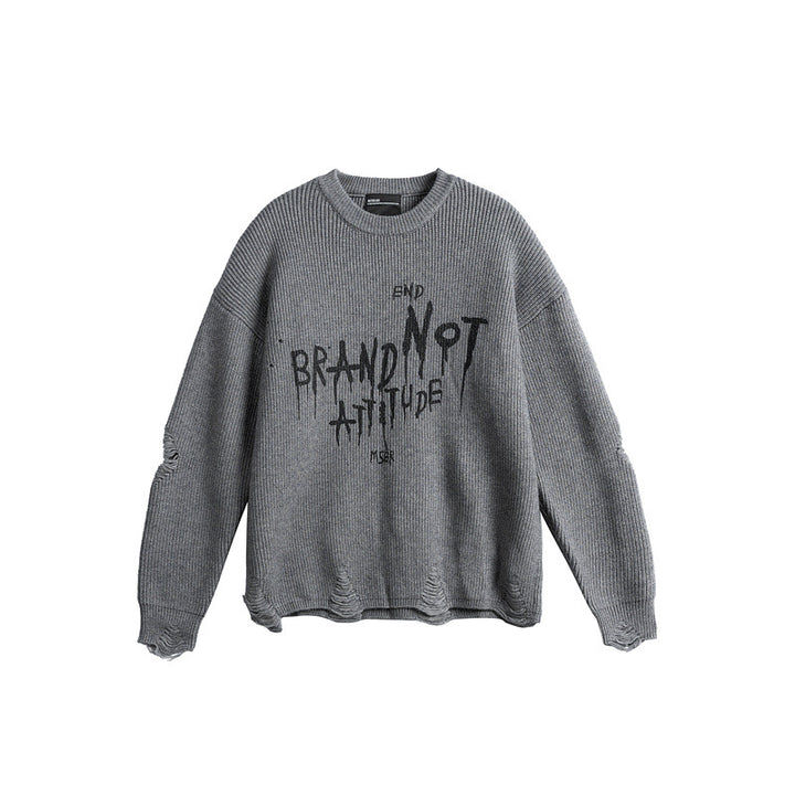 Unisex Oversize Strickpullover mit Destroyed Details und Statement Print Echoarchiv