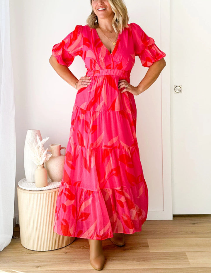 Damen nan ausgestelltes Maxikleid mit V-Ausschnitt, elastischer Unterbrustnaht und gestuftem Rock Echo Archiv