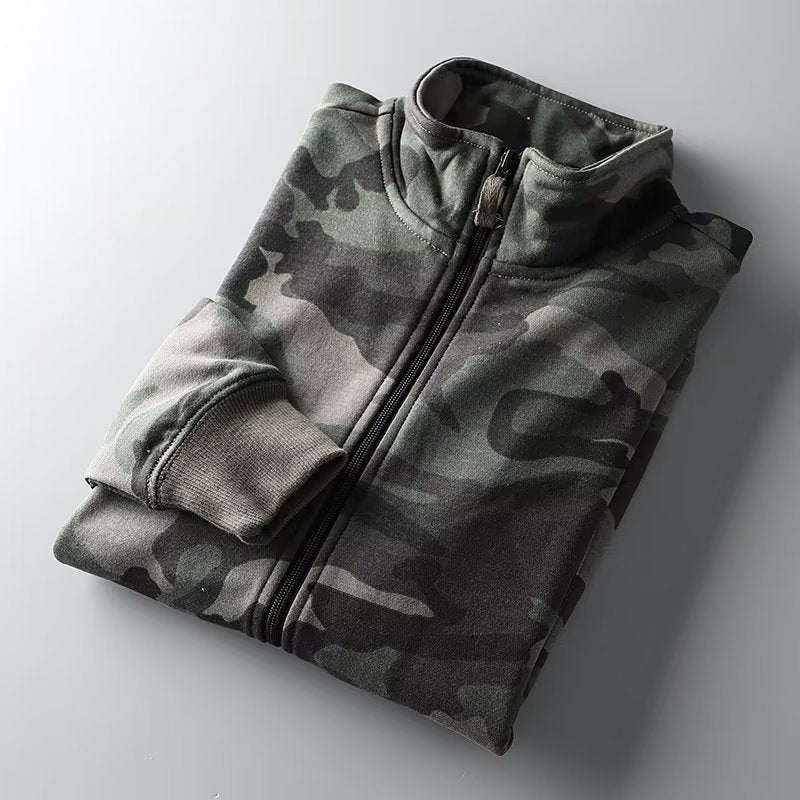 Herren Camouflage Baumwoll‑Fleece‑Zipjacke mit Stehkragen und Rippbündchen Echoarchiv