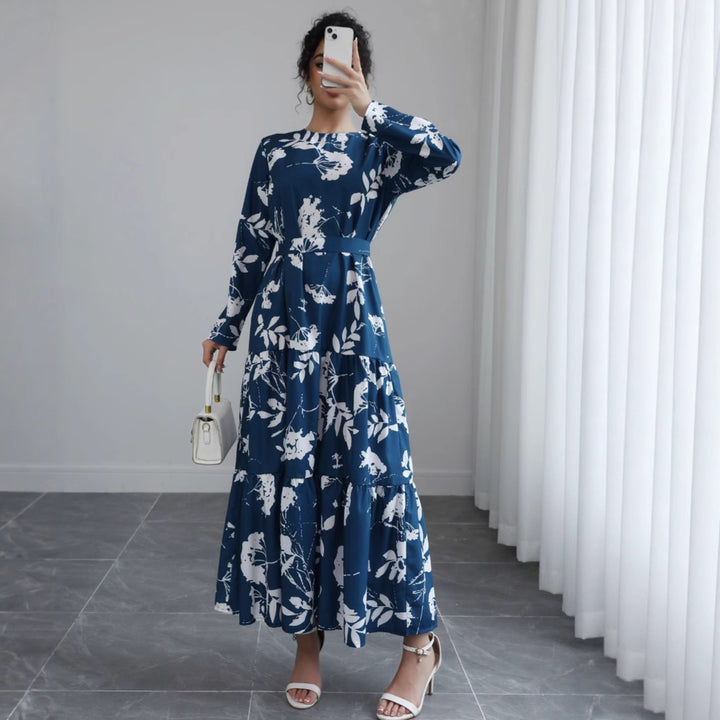 Damen Langes Blumen-Tiered-Maxikleid mit Taillengürtel & Rundhalsausschnitt Echoarchiv