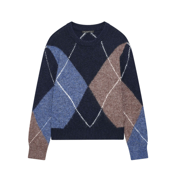 Damen nan grobgestrickter Argyle-Pullover mit Rundhalsausschnitt, überschnittener Schulter und breitem Rippenbund Echo Archiv