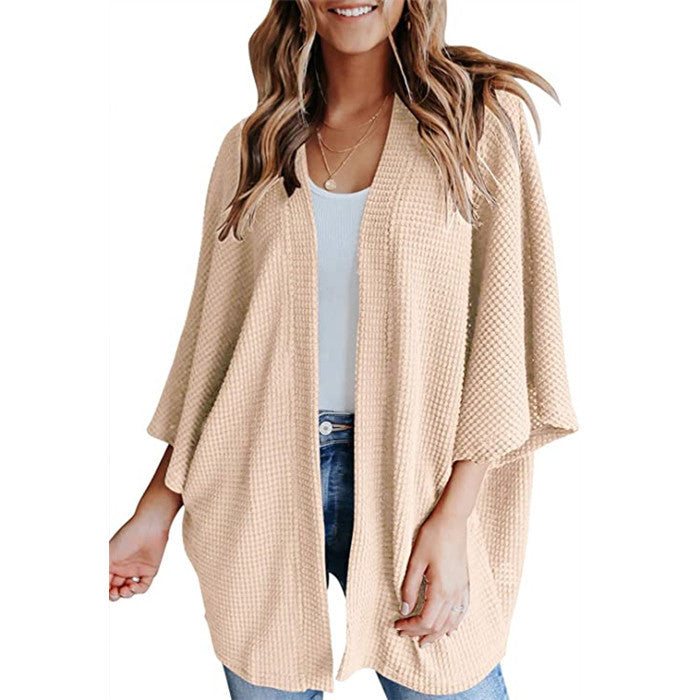 Damen Waffelstrick Offener Kimono-Cardigan mit Fledermausärmeln Echo Archiv