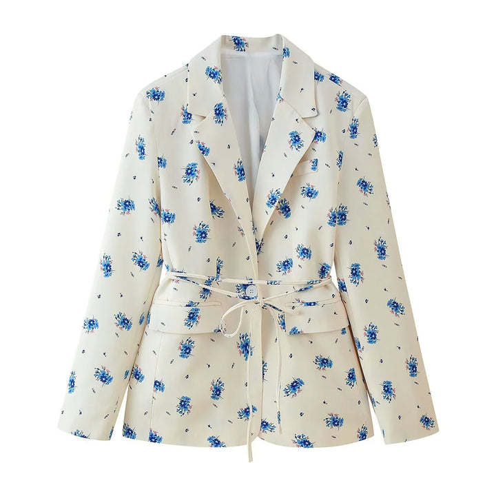 Damen floraler Blazerjacke mit Bindegürtel, Pattentaschen und Schalkragen – Valéne