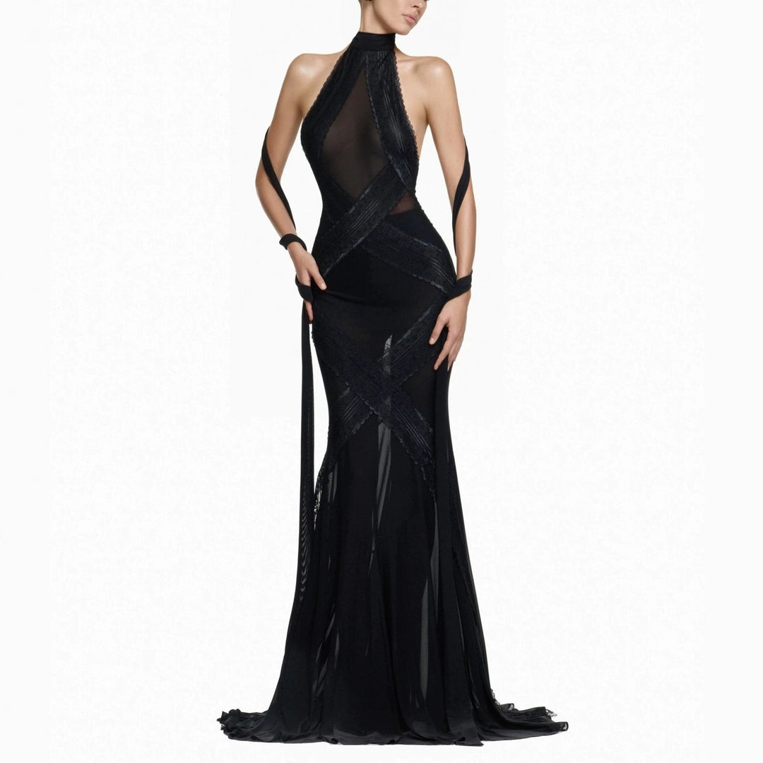 Damen Glamouröses Langarmkleid mit transparenten Einsätzen und raffinierten Drapierungen Echo Archiv